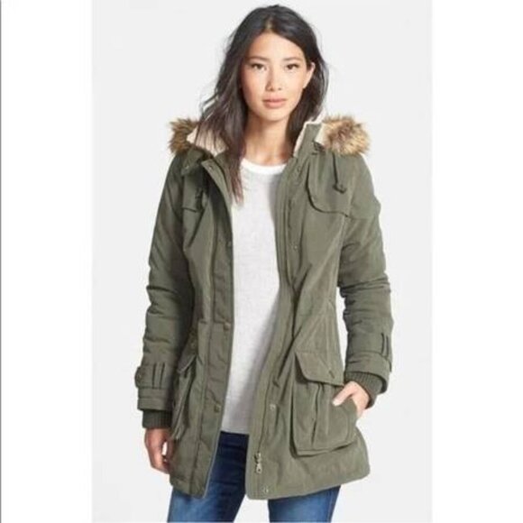 DKNY Anorak Coat Faux Fur Hooded Olive Green, XS - Picture 8 of 8